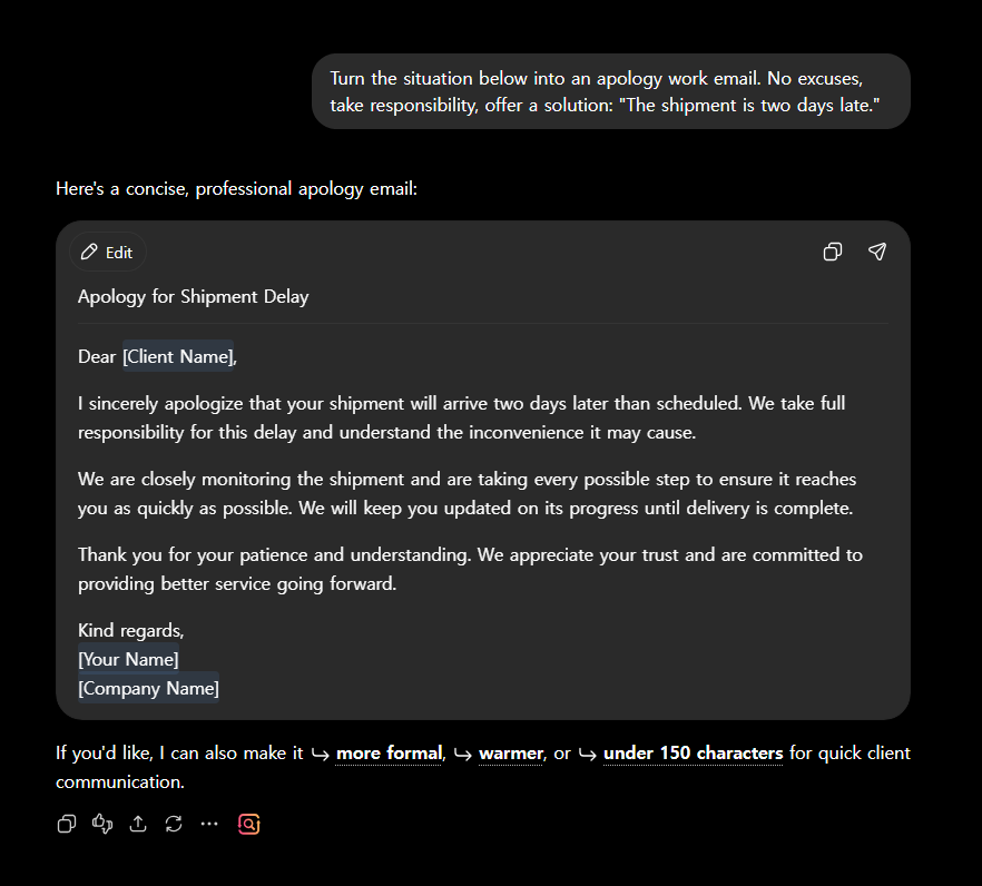 An apology work email written with AI